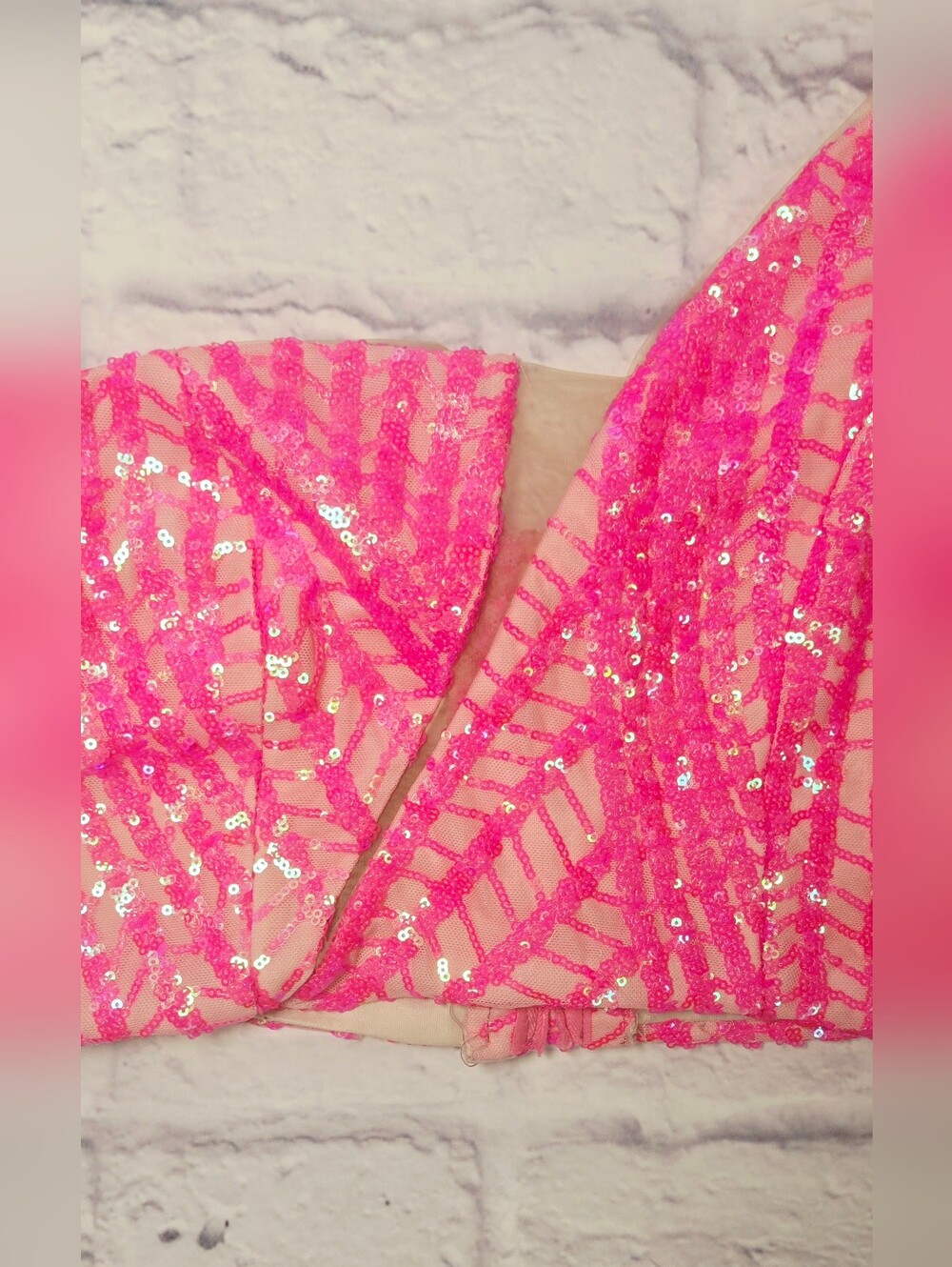 Neon Pink Sequin Two Piece Formal Set One Shoulder Crop Top Maxi Skirt - Picture 8 of 14